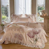1200TC Egyptian Cotton Flowers Embroidery Lace Ruffles Princess Bedding Set Duvet Cover Flat/Fitted Bed Sheet Pillowcases 4Pcs