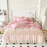 3Pcs Pink Skin-friendly Soft Three-dimensional Flowers Embroidery Lace Ruffles Princess Bedding Set Duvet Cover With Pillowcases