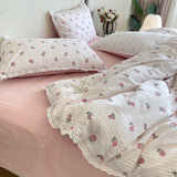 Princess Floral Bedding Set Lace Trim Rose Elegant Romantic For Women Girl Flat Fitted Sheet With Pillowcases Soft Washed Cotton