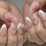 24pcs Light Pink Smudge Press on Nails Gold Leafing Nail Art Sweet 3D Floral Fake Nails Pearl Bow French False Nails Almond Nail