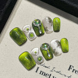 Press On Acyrlic Nails Handmade Green Cat's Eye Square Nails With Glitter Diamond Decor Phototherapy Short False Nails Ballet