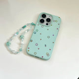 Korean INS Mint Green Little Stars Leather Texture Wrist String Phone Case for iPhone 16 15 14 13 Pro Max Back Phone Cover Capa