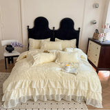4Pcs French Vintage Princess Style Embroidered Chiffon Lace Ruffle Luxury Bedding Set Queen Size Quilt Cover 200X230