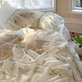 Three-layer Floral Embroidered Lace Ruffles 1000TC Egyptian Cotton Bedding Set Duvet Cover Flat/Fitted Bed Sheet Pillowcase 4Pcs