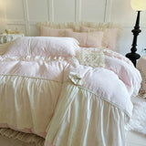 Pink French Princess Style Lace Ruffles Carved Velvet Warm Soft Bedding Set Duvet Cover Flat/Fitted Bed Sheet Pillowcases 4Pcs