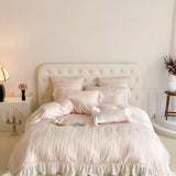 Pink Romantic Lace Princess Wedding Bedding Set Lyocell Bamboo Fiber Soft Silky Duvet Cover Flat/Fitted Bed Sheet Pillowcases