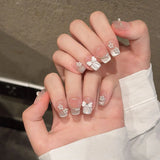 10pcs Nude Pink French False Nails Short Square Cute Press on Nails with Pearl Acrylic Fake Nails with Glue Full Cover Nail Tips