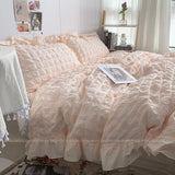 INS Girl Blue Bedding Sets Solid Color Seersucker Ruffles Lace  Kawaii Soft Sheet Woman Duvet Cover Pillow Covers Quilt Cover