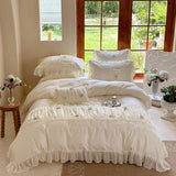 Three-dimensional Rose Lace Ruffles Princess Wedding Bedding Set Egyptian Cotton Duvet Cover Flat/Fitted Bed Sheet Pillowcases