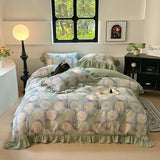 100% Cotton Korean Princess Style Flower Print Ruffles Bedding Set Queen Size Duvet Cover Flat/Fitted Bed Sheet Pillowcases 4Pcs