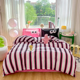 4pcs Simple Color Stripes Duvet Cover Set Cute Green Pink Bedding Big Eye Pattern Pillowcases Comforter Cover with 1 Bed Sheet