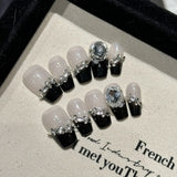 10Pcs Autumn Handmade Press on Nails Gradual Change Acrylic Rhinestone Full Cover Gold Leaf False Nails French Wearable Ballet