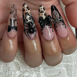 24pcs Long Almond False Nails Black French Ballerina Press on Nails Y2k Flower Bow with Leopard Print Full Cover Fake Nail Tips
