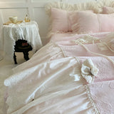 Pink French Princess Style Lace Ruffles Carved Velvet Warm Soft Bedding Set Duvet Cover Flat/Fitted Bed Sheet Pillowcases 4Pcs