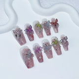 10Pcs Blush Pink Handmade Press On Nails Ballet Fake Nail with 3D Butterfly Rhinestone Full Cover Wearable Artificial Nail Tips