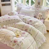 Flower Skin-friendly Washed Cotton Bedding Set Duvet Cover Set Korean Lace Ruffles Quilt Cover Soft Cover Bed Linen Pillowcases