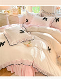 Korean Princess Style With Black Bow Lace Ruffles Pleat Milk Velvet Bedding Set Bedroom Decor Duvet Cover Bed Sheet Pillowcase