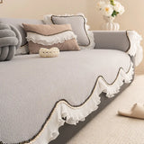 European Teddy Velvet Sofa Cushion with Lace Thick Anti Slip Couch Cover for All Seasons Irregular Hemline Furniture Protector