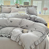 French Ins Princess Style Lace Four-piece Set Washed Cotton Embroidered Quilt Cover Set Bow Girly Heart Bed Sheet Three-piece