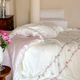 Chic Flowers Embroidery Bedding Set Lyocell Bamboo Fiber Soft Silky Cool Feeling Duvet Cover Flat/Fitted Bed Sheet Pillowcases