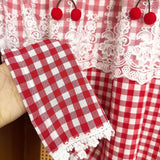 Korean Countryside Style Cute Cherry Lace Short Curtain,Red Two Tone Checkered Small Window Curtains for Kitchen-Home Drapes
