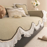 European Teddy Velvet Sofa Cushion with Lace Thick Anti Slip Couch Cover for All Seasons Irregular Hemline Furniture Protector