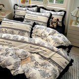 Korean Black White Hepburn Style Bedding Sets Ultra Soft Breathable Duvet Cover Set with Black Lace Fitted Sheet Set for Adults