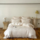 1000TC Egyptian Cotton Flowers Embroidery Lace Ruffles Princess Bedding Set Duvet Cover Flat/Fitted Bed Sheet Pillowcases 4Pcs