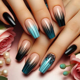 24pc Gradient False Nails with Jelly Glue Press on Nails Rose Black Lines Designs Ballet Fake Nails Wearable Full Cover Nail Tip