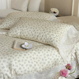 Vintage French Lace Edge Flowers Print Bedding Set 100% Cotton Double Yarn Duvet Cover Flat/Fitted Bed Sheet Pillowcases 4Pcs