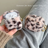 Luxury Pink Leopard Print Winter Plush Earphone Case For AirPods 1 2 3 4 Pro 2 Bluetooth Headset Protective Shell With Keychain