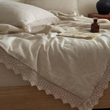 88% Cotton and 12% Linen Jacquard Vintage Hollow Lace Edge Summer Quilt Air Condition Thin Comforter Lightweight Blanket 1/4Pcs