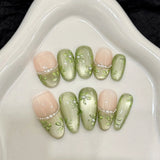 10pcs Cat's Eye Handmade False Nails Pearls French Tip Press On Nails Short Long Almond Charming Flash Green Flowers Fake Nails