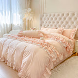 White Princess Wedding Bedding Set 100% Cotton Double Layer Lace Ruffles Duvet Cover Bed Sheet Pillowcases Solid Color Bed Sets