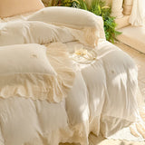 Vintage French Lace Ruffles 100% Cotton Double Yarn Soft Comfortable Bedding Set Duvet Cover Bed Sheet/Fitted Sheet Pillowcases