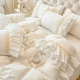 White Pink Princess Wedding Bedding Set 100% Cotton Double Layer Lace Ruffles Duvet Cover Flat/Fitted Bed Sheet Pillowcases 4Pcs