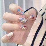 24pcs Short Square False Nails Art Cute Flower Design Blue Ballet Press on Nails Tips Shiny Powder Fake Nail Artifical Manicure
