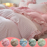 4 Piece Pink Plaid Duvet Cover Set, 100% Polyester Soft and Breathable Bedding, Suitable for Bedroom, All-Season Use