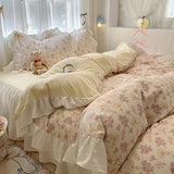 Floral print Korean style Princess Lace Bedding Set Duvet Cover Set Washed Cotton Flat Sheet set Queen For Girl Decor Home