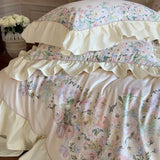 1000TC Egyptian Cotton French Ruffles Rose Print Bedding Set Duvet Cover, Bed Sheet, Pillowcases, With Elastic Band Bed Sheet
