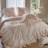 1200TC Egyptian Cotton Lace Ruffles Princess Wedding Style Pink Bedding Set Duvet Cover Flat/Fitted Bed Sheet Pillowcases 4Pcs