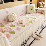 Single Chenille Tulip Sofa Towel with Skirt Hem French Gentle All Inclusive Couch Slipcover Anti Slip Dust Cover for Living Room