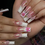 24pcs Wearable Press on Nails Fashion Flower Pearl Design Long Square Fake Nails Tips White French Coffin False Nail Finished