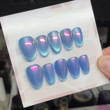 24pcs Cat's Eye False Nails Aurora Blue Short Almond Full Cover Nail Tips Wave Fake Nail Art Reusable Round Head Press on Nails