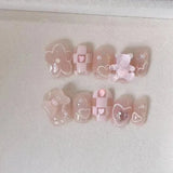 10Pcs Pink Cute Handmade Press on Nails Full Cover Bear Rhinestone Summer French Short False Nails Wearable Manicure Nail Tips