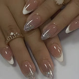 24pcs Silver Glitter Press on Nails Almond Simple French False Nails with Glue Acrylic Fake Nails Wearable Full Cover Nail Tips