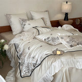 600TC Egyptian Cotton Bedding Set French Vintage Rose Butterfly Embroidery Lace Ruffle Duvet Cover Set Bed Sheet Pillowcase 4Pcs