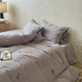 100% Cotton Wrinkled Yarn Flower Embroidery Bedding Set Single Queen King Size Duvet Cover Flat/Fitted Sheet Lace-Up Pillowcases