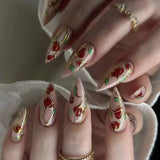 24pcs Press on Nails Summer Day Fruit Design Full Cover Nail Tips Long Almond False Nail Art Wearable Colorful Fake Nails Sets