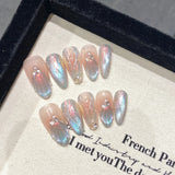 10Pcs Shiny Handmade Press on Nails Full Cover Rhinestone Cat's Eye Design False Nails Almond Wearable Manicure Nail Tips Art